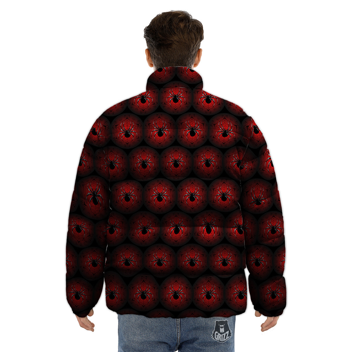 Spider Black And Red Spider Web Print Pattern Puffer Jacket-grizzshop