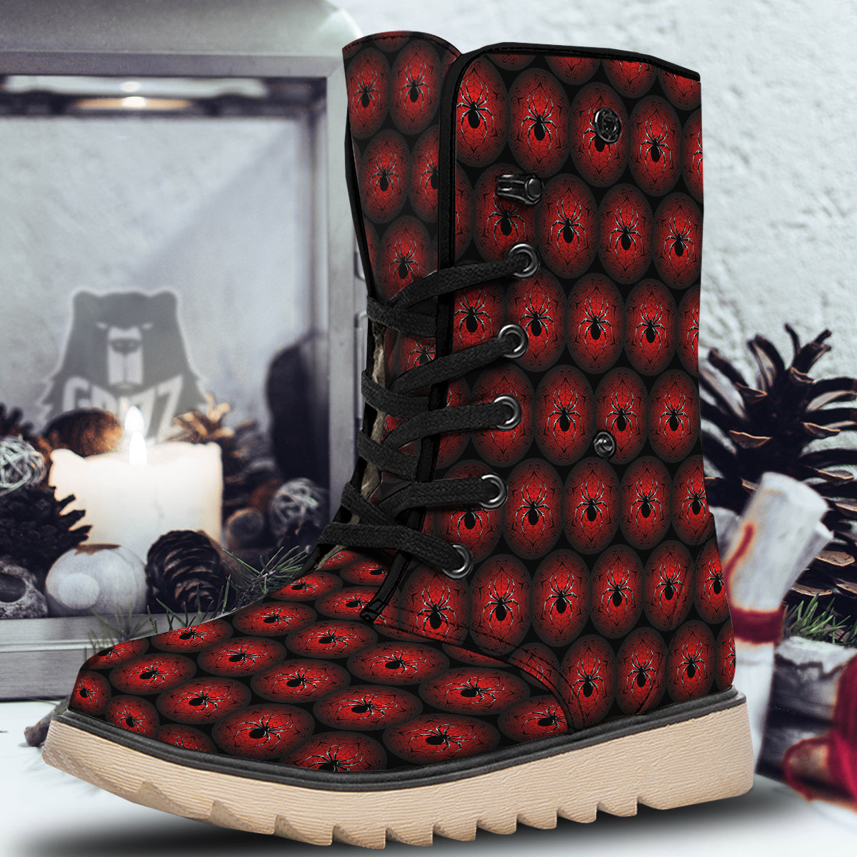 Spider Black And Red Spider Web Print Pattern Snow Boots-grizzshop