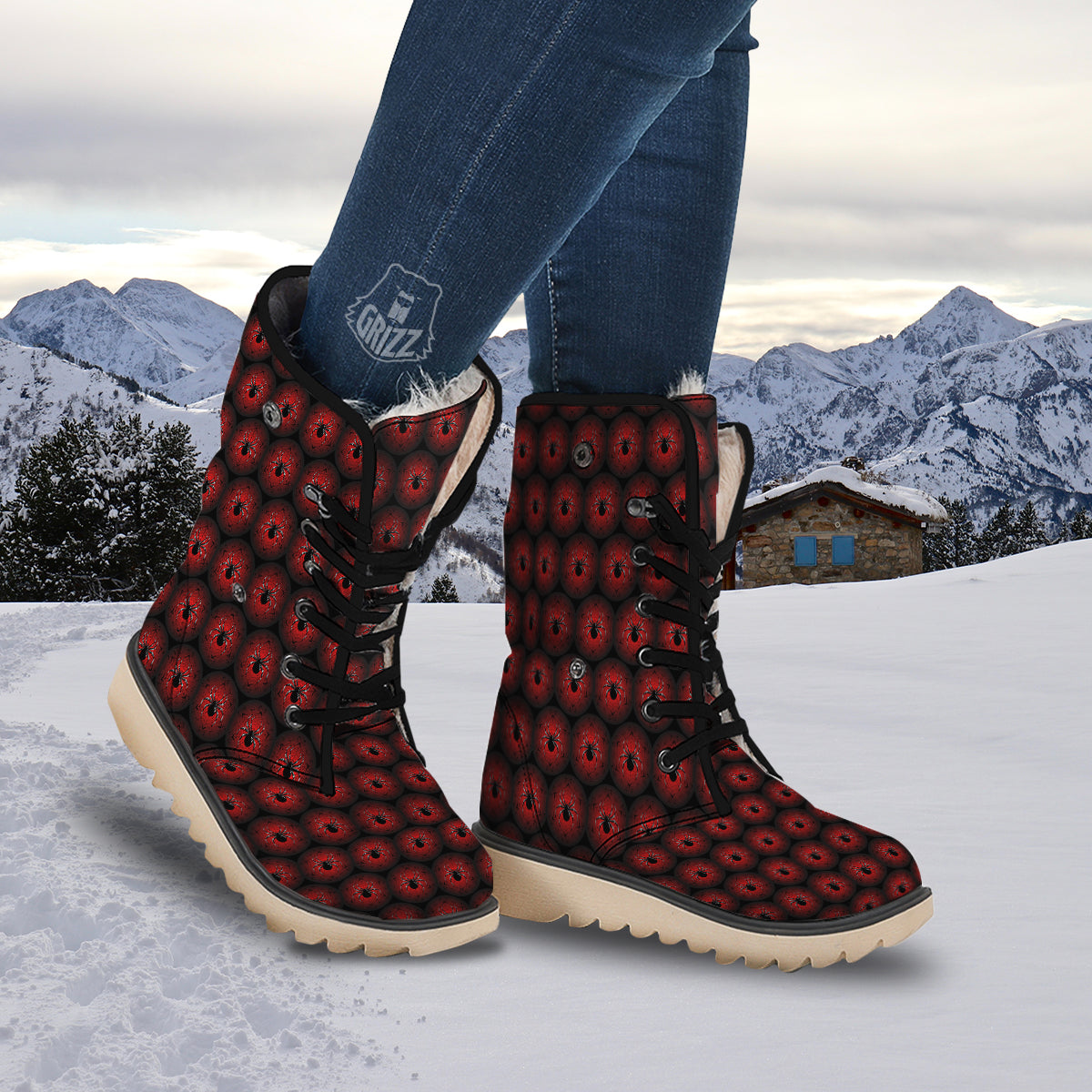Spider Black And Red Spider Web Print Pattern Snow Boots-grizzshop