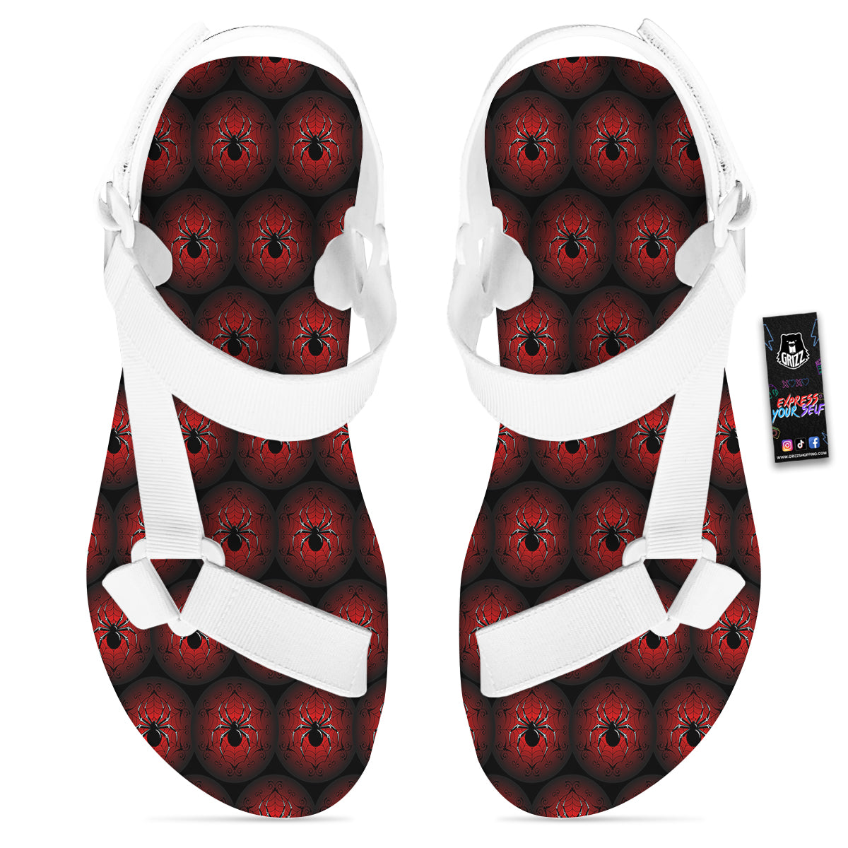 Spider Black And Red Spider Web Print Pattern White Open Toe Sandals-grizzshop