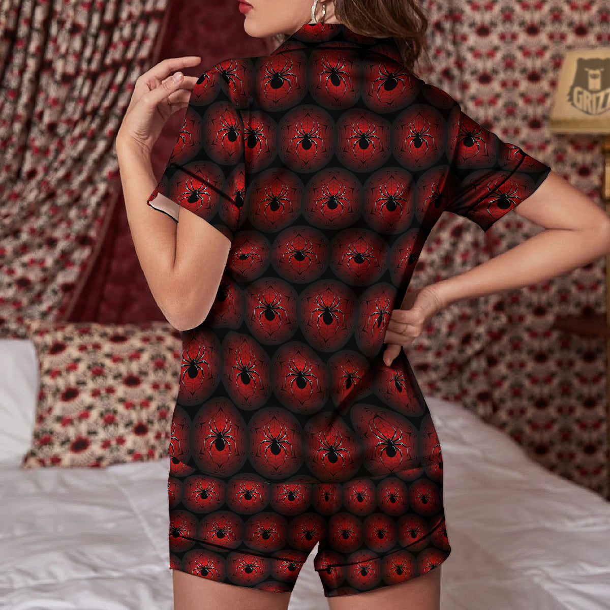 Spider Black And Red Spider Web Print Pattern Women Silk Pajamas-grizzshop
