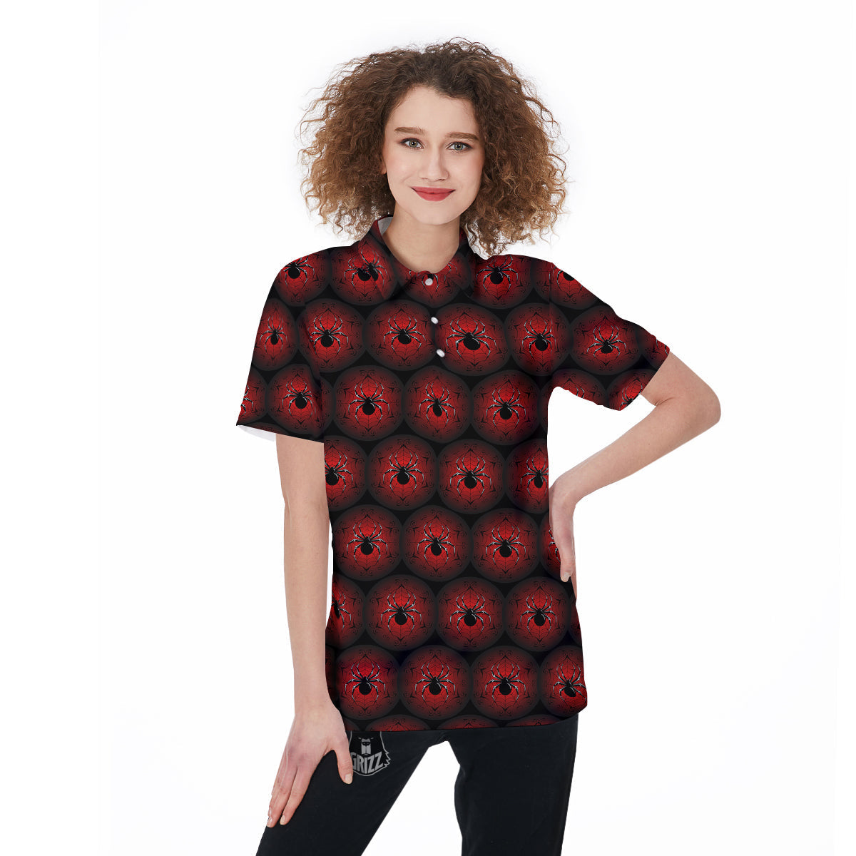 Spider Black And Red Spider Web Print Pattern Women's Golf Shirts-grizzshop