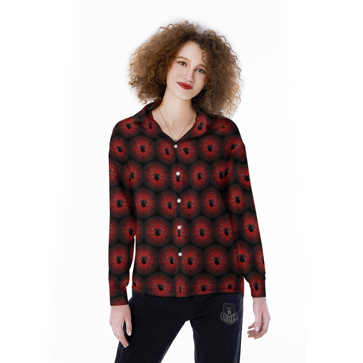 Spider Black And Red Spider Web Print Pattern Women's Long Sleeve Shirts-grizzshop