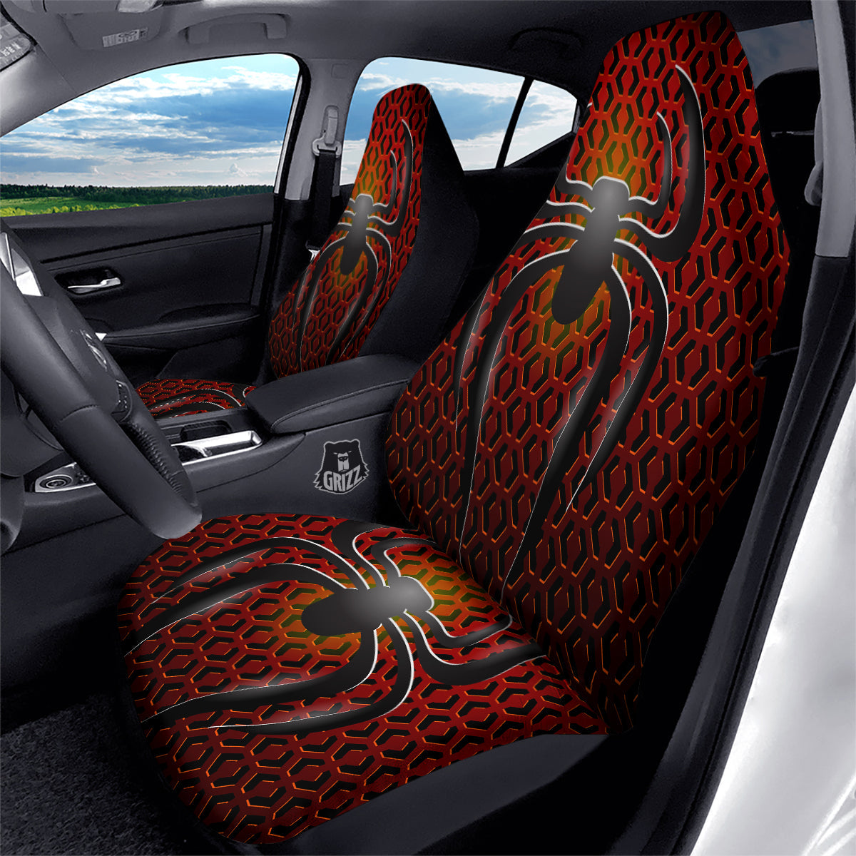 Spider Icon on Red Metal Print Car Seat Covers-grizzshop