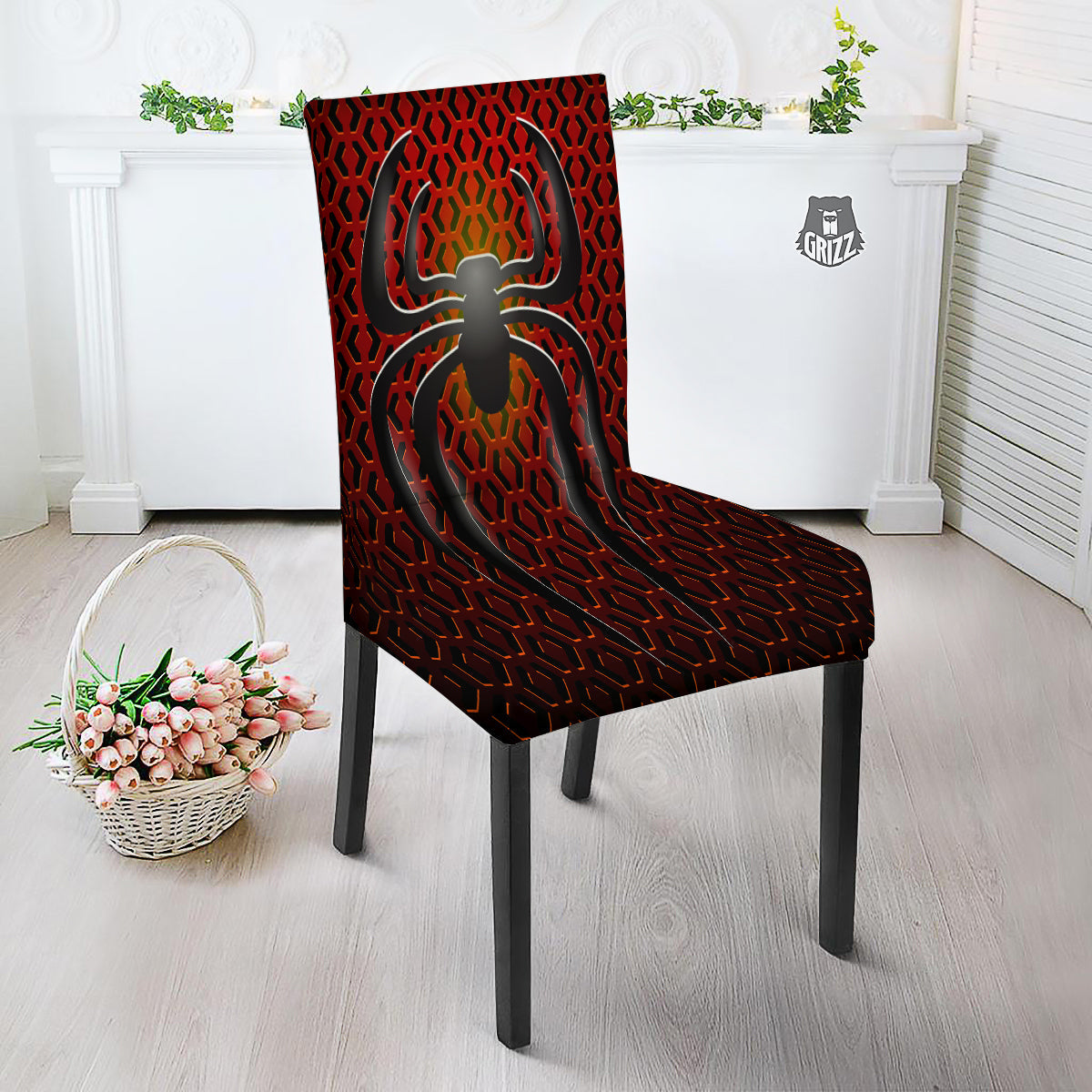 Spider Icon on Red Metal Print Dining Chair Slipcover-grizzshop