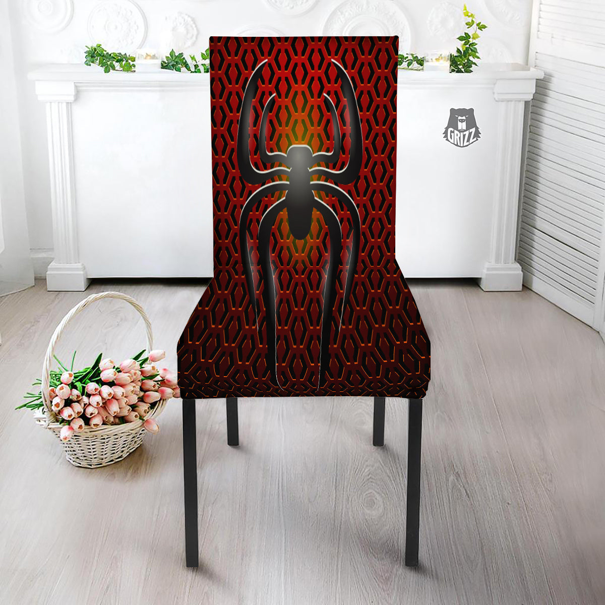 Spider Icon on Red Metal Print Dining Chair Slipcover-grizzshop
