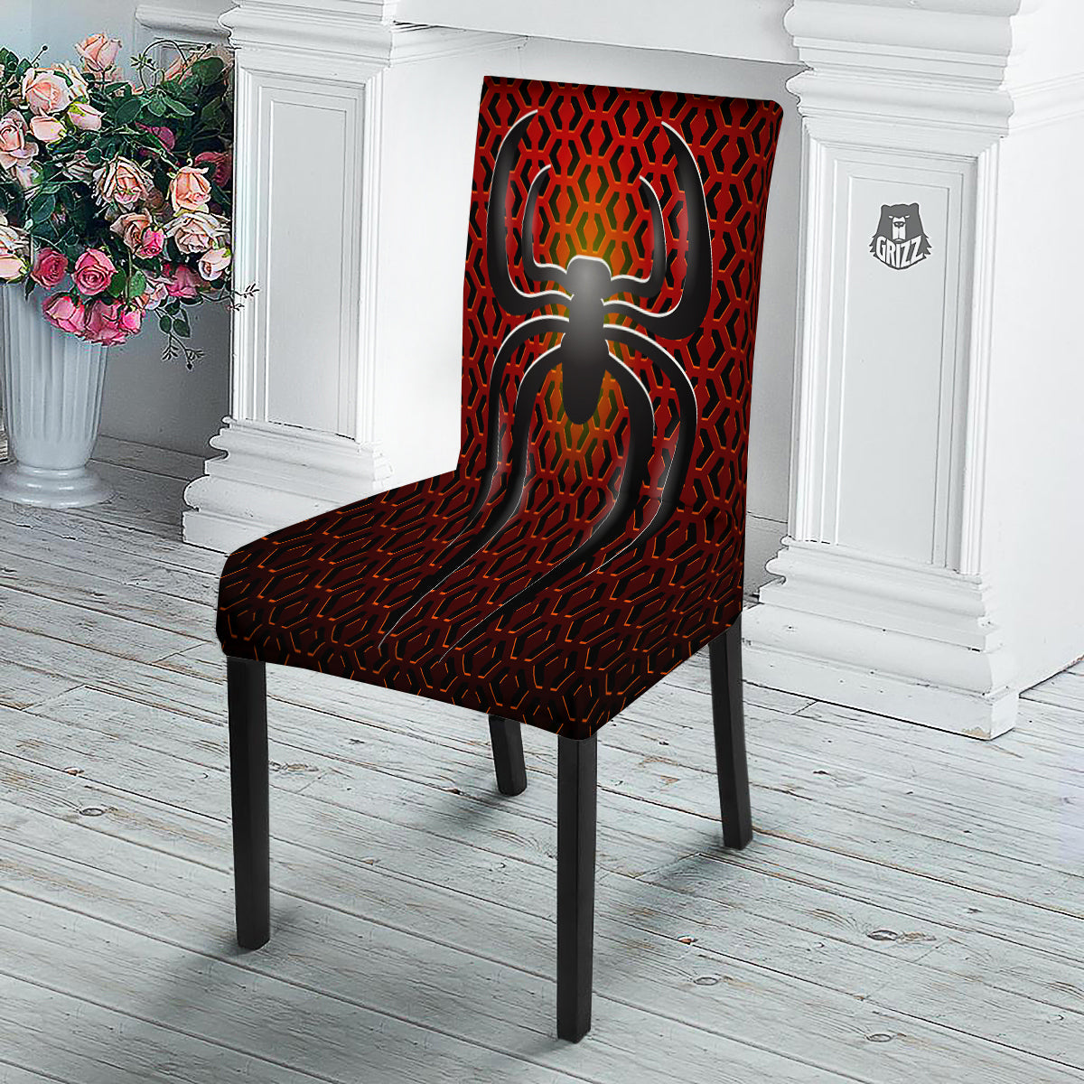 Spider Icon on Red Metal Print Dining Chair Slipcover-grizzshop