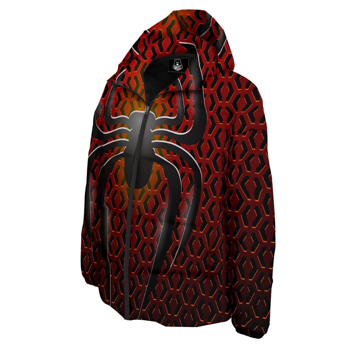 Spider Icon on Red Metal Print Down Jacket-grizzshop