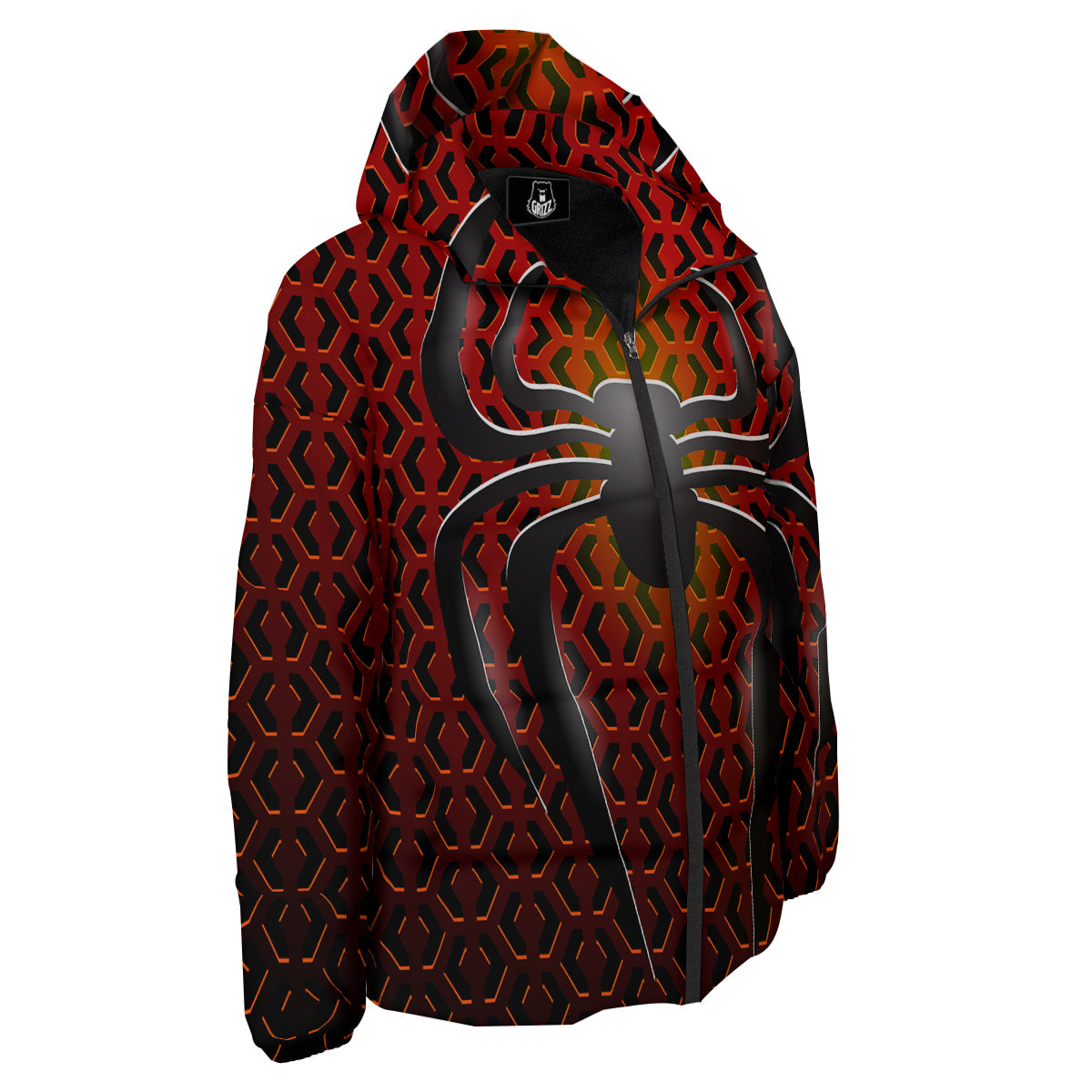 Spider Icon on Red Metal Print Down Jacket-grizzshop