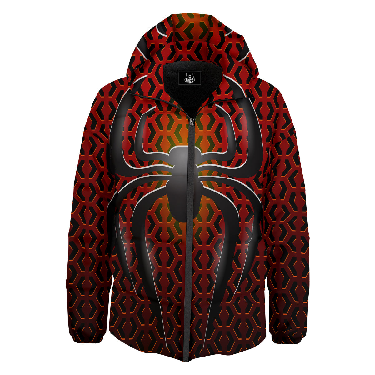 Spider Icon on Red Metal Print Down Jacket-grizzshop