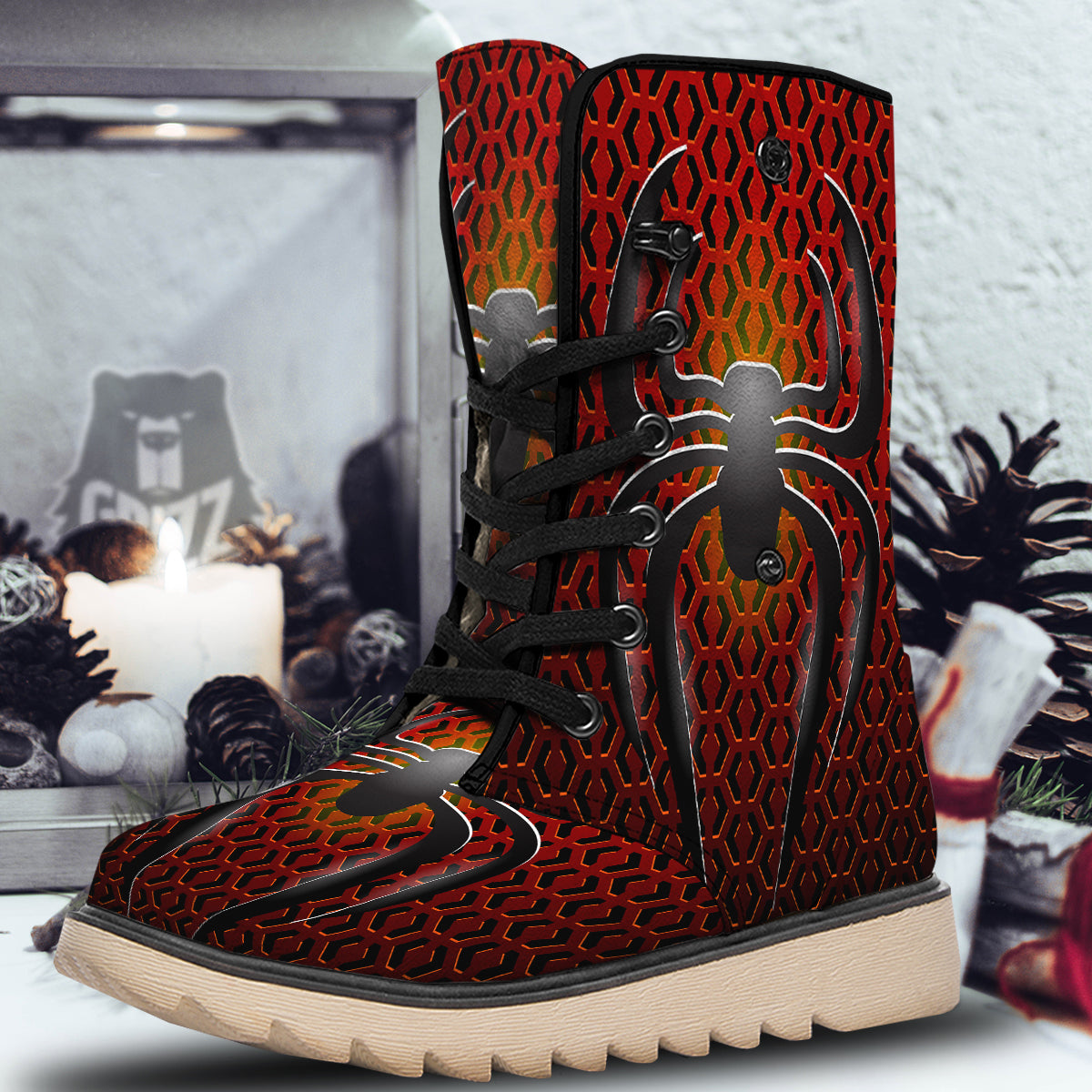 Spider Icon on Red Metal Print Snow Boots-grizzshop
