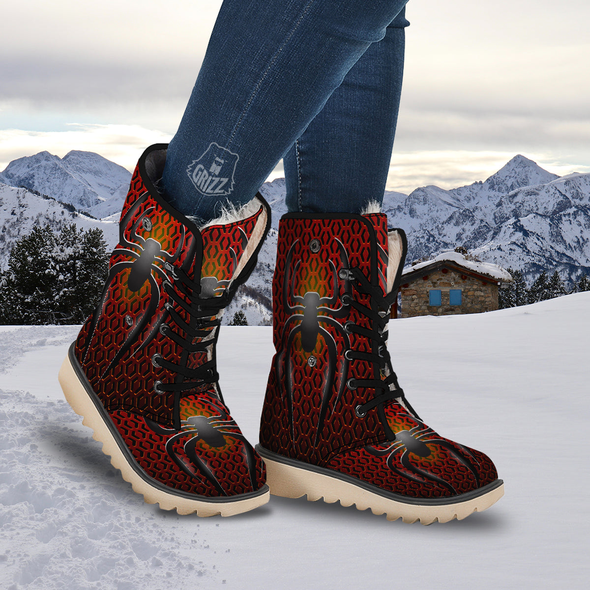 Spider Icon on Red Metal Print Snow Boots-grizzshop