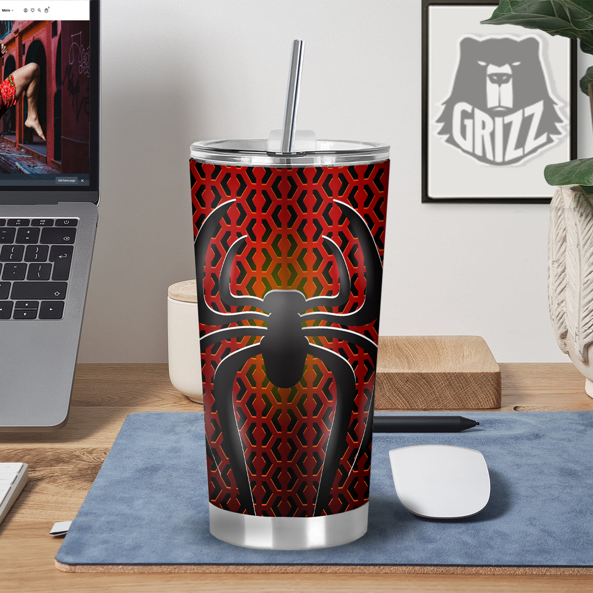 Spider Icon on Red Metal Print Tumbler-grizzshop