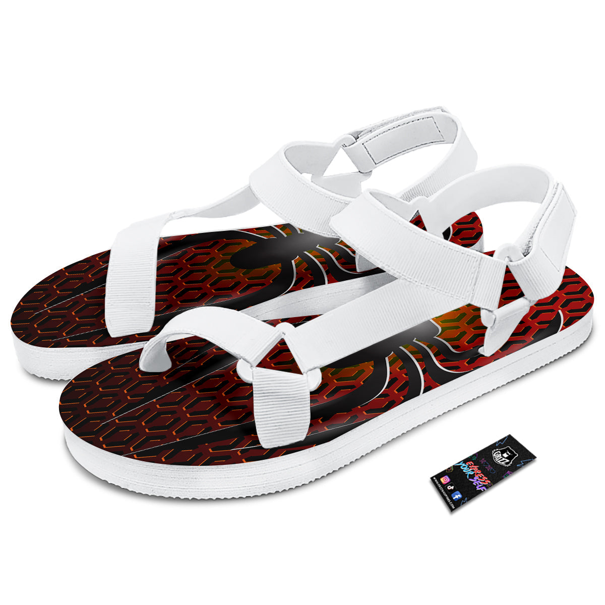 Spider Icon on Red Metal Print White Open Toe Sandals-grizzshop
