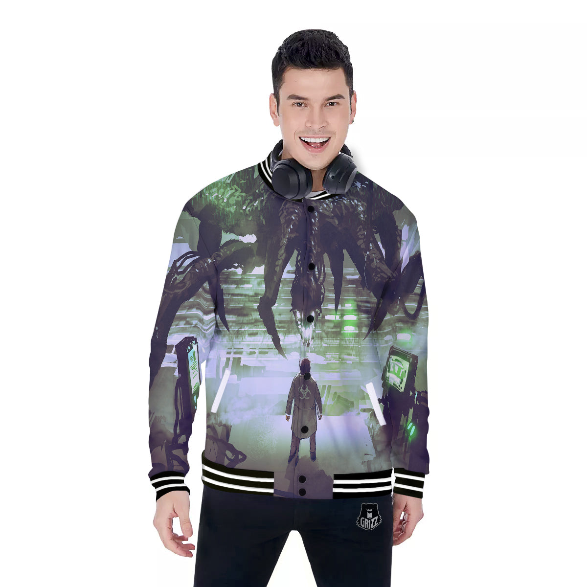 Spider Monster Print Baseball Jacket-grizzshop