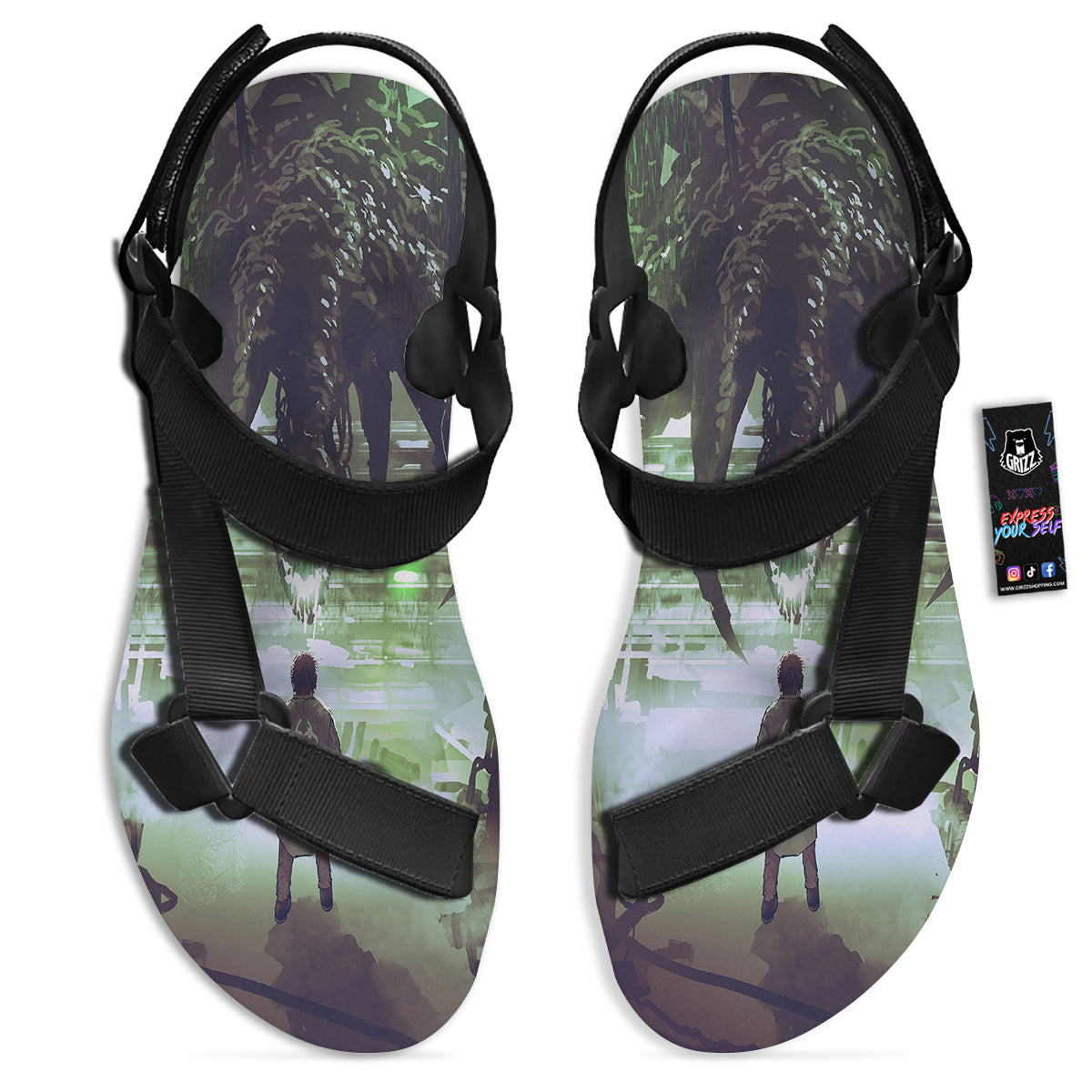 Spider Monster Print Black Open Toe Sandals-grizzshop