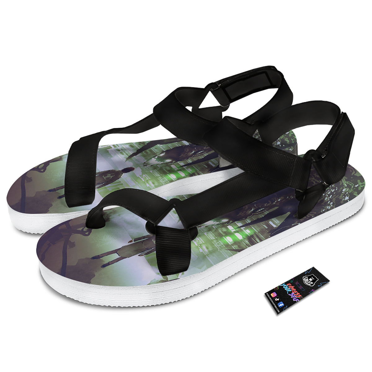 Spider Monster Print Black Open Toe Sandals-grizzshop