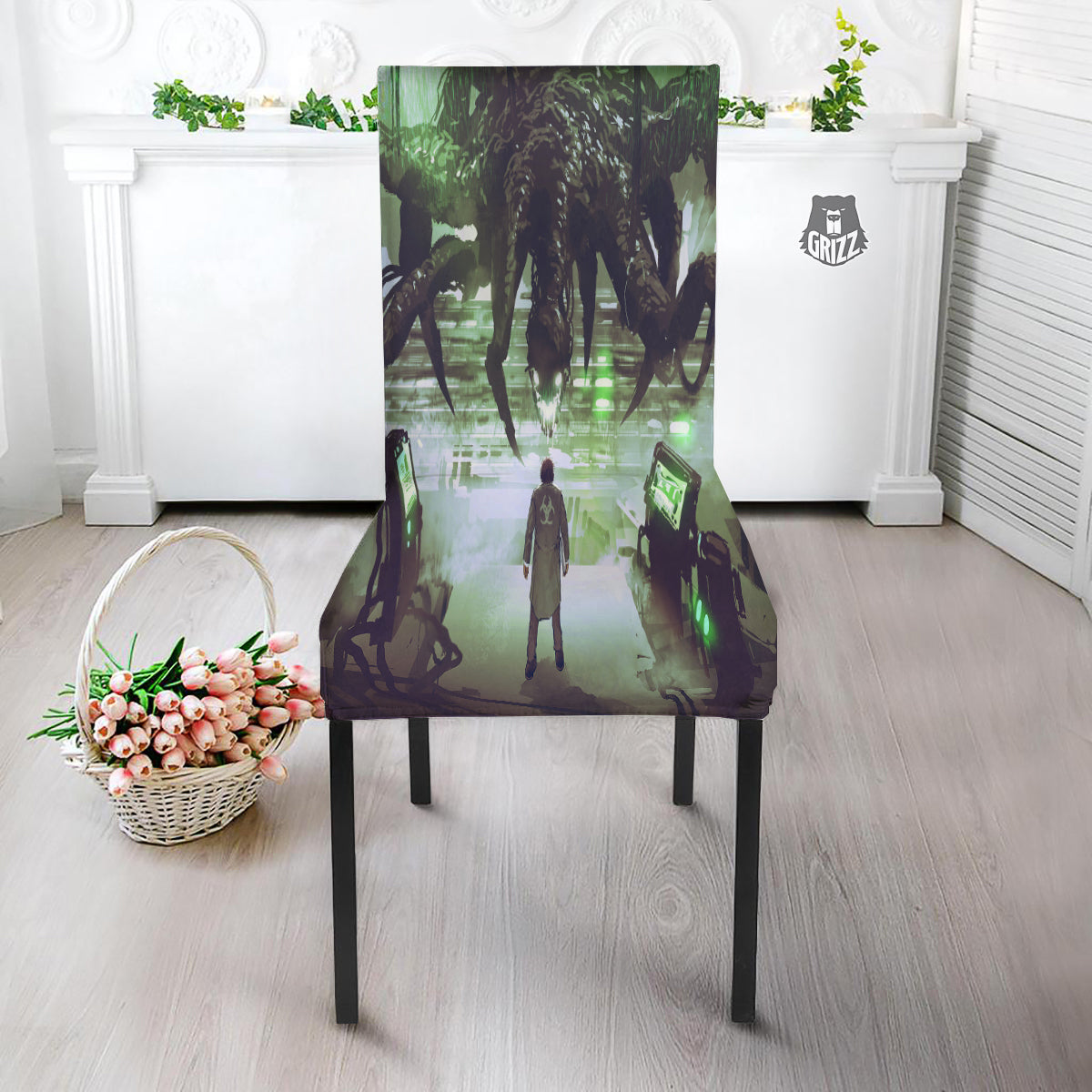 Spider Monster Print Dining Chair Slipcover-grizzshop