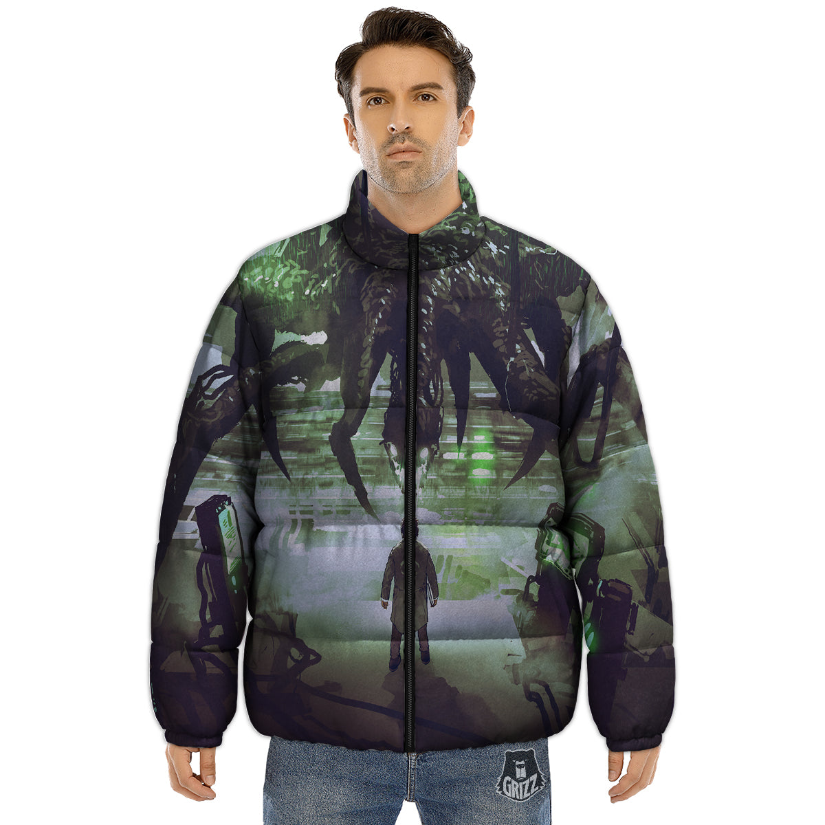 Spider Monster Print Puffer Jacket-grizzshop