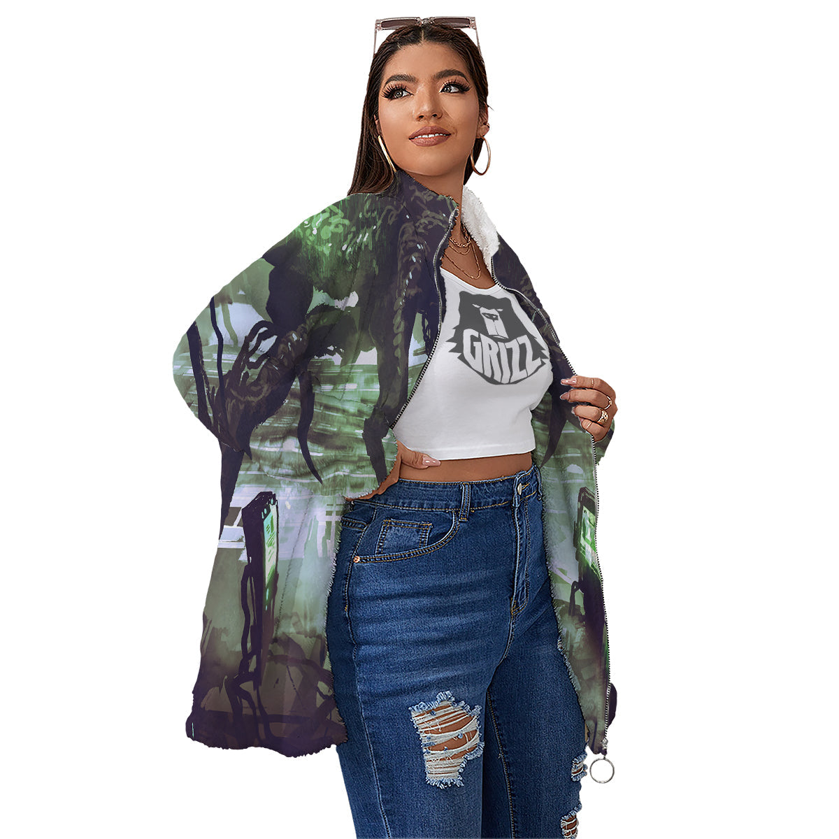 Spider Monster Print Women's Sherpa Jacket-grizzshop