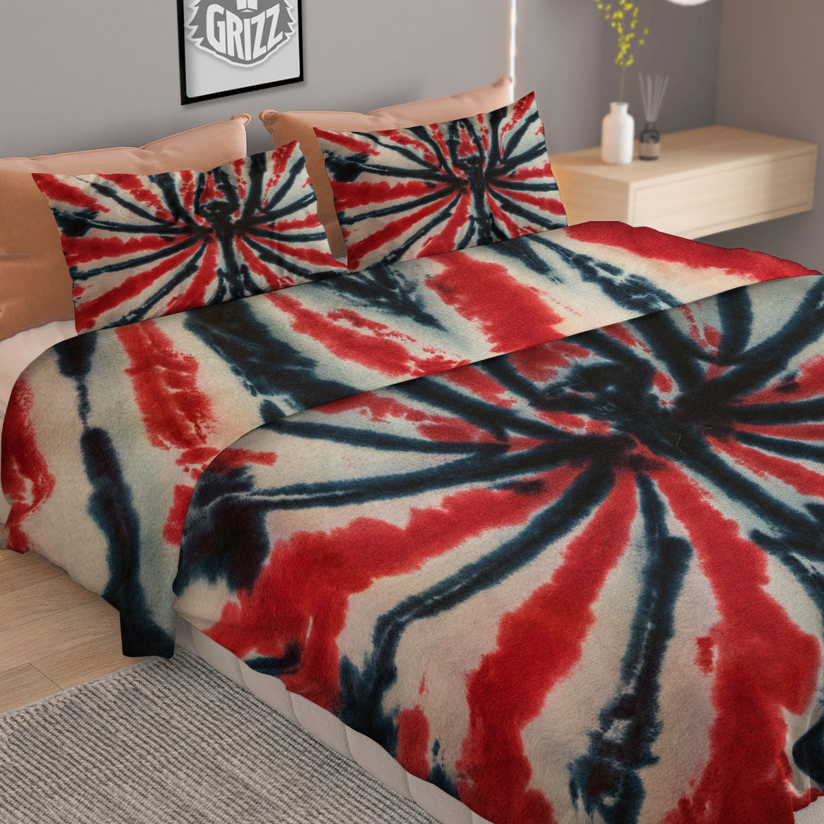 Spider Tie Dye Red And Black Print Duvet Cover Bedding Set