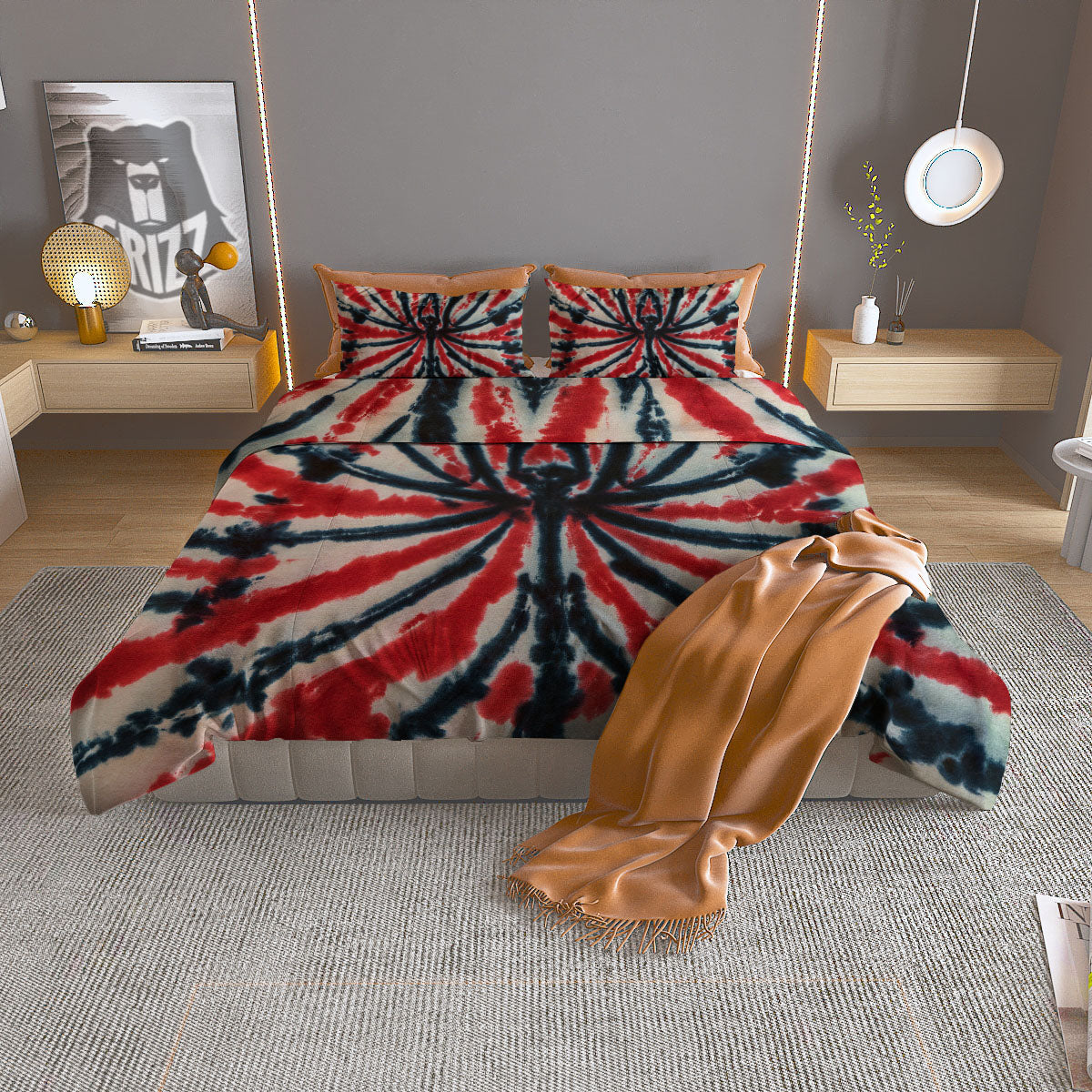 Spider Tie Dye Red And Black Print Duvet Cover Bedding Set