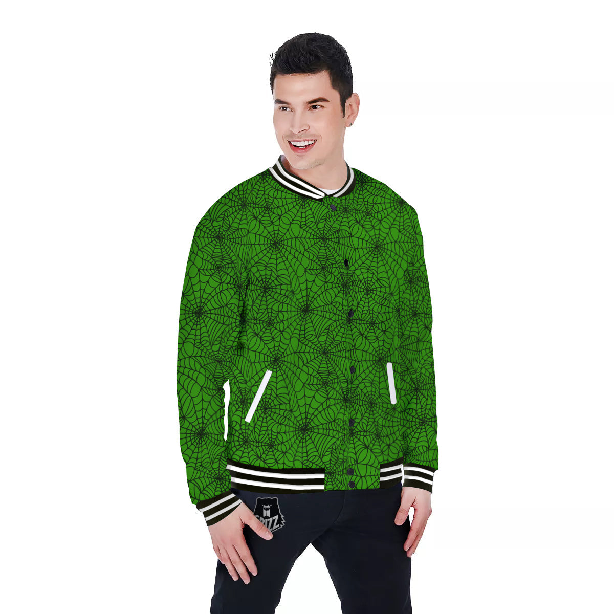 Spider Web Green And Black Print Pattern Baseball Jacket-grizzshop