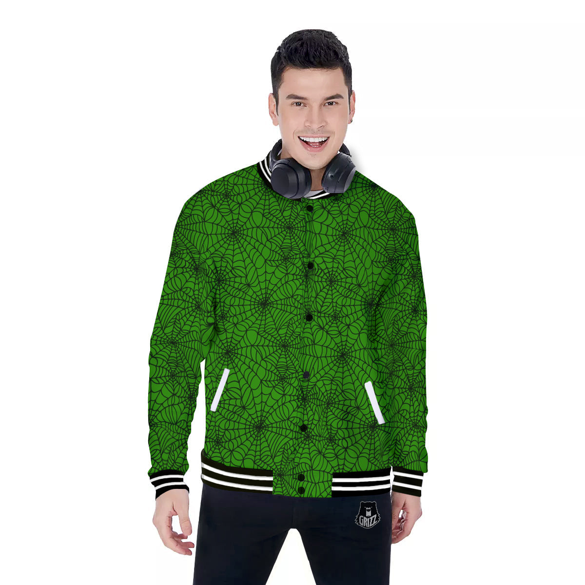 Spider Web Green And Black Print Pattern Baseball Jacket-grizzshop