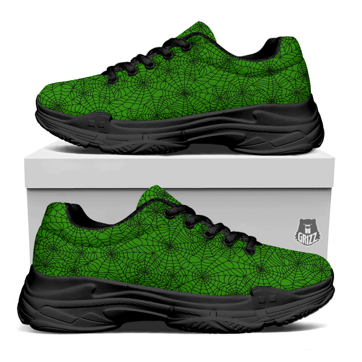 Spider Web Green And Black Print Pattern Black Chunky Shoes-grizzshop