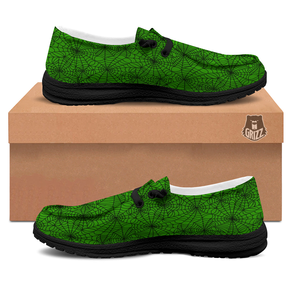 Spider Web Green And Black Print Pattern Black Loafers-grizzshop