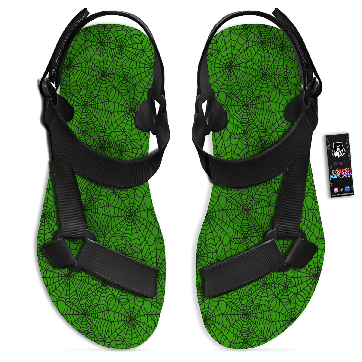 Spider Web Green And Black Print Pattern Black Open Toe Sandals-grizzshop