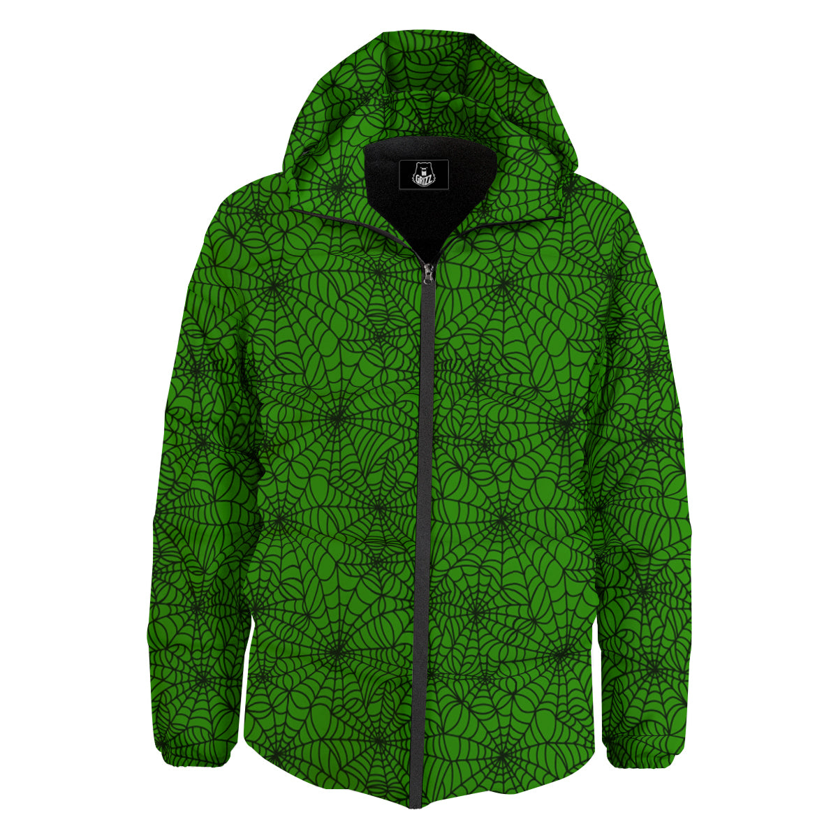 Spider Web Green And Black Print Pattern Down Jacket-grizzshop