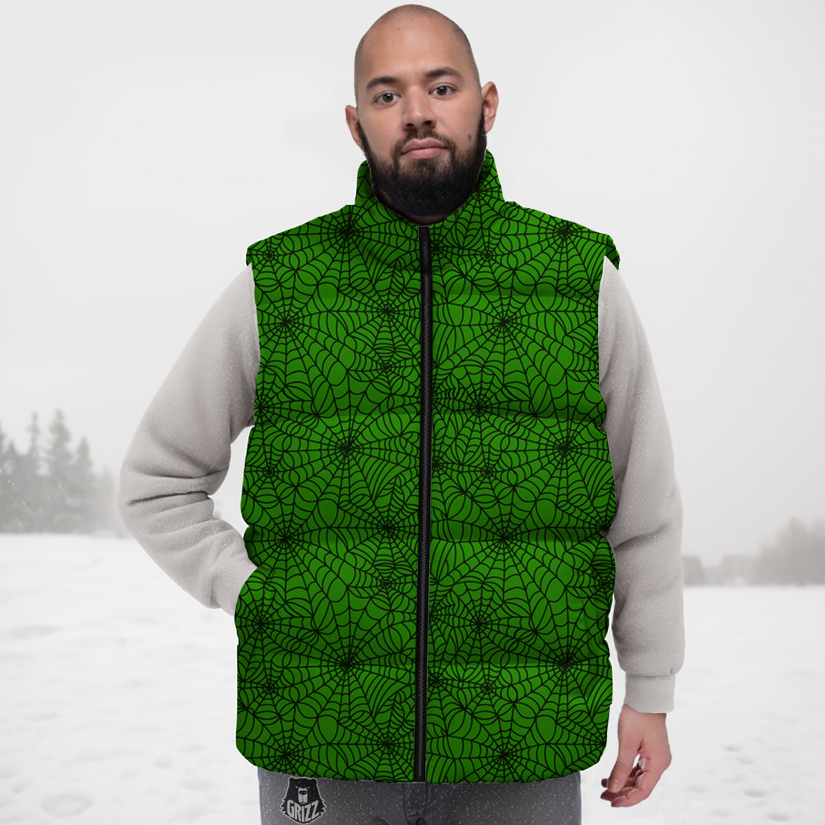 Spider Web Green And Black Print Pattern Down Vest
