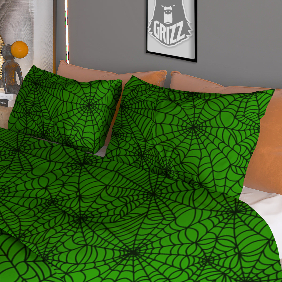 Spider Web Green And Black Print Pattern Duvet Cover Bedding Set