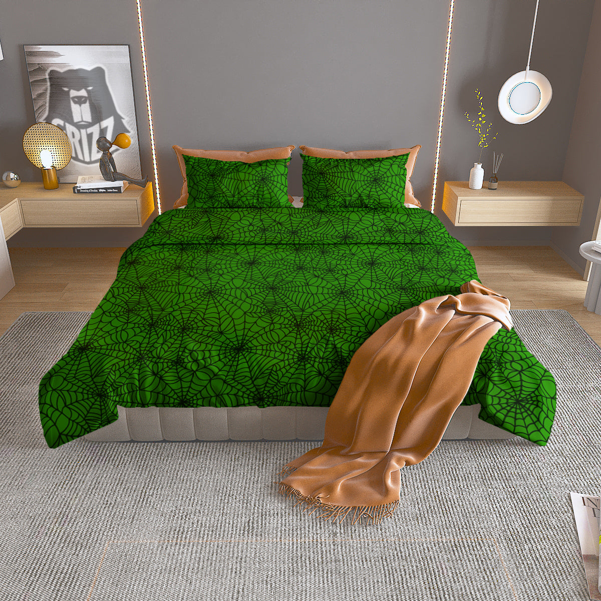 Spider Web Green And Black Print Pattern Duvet Cover Bedding Set