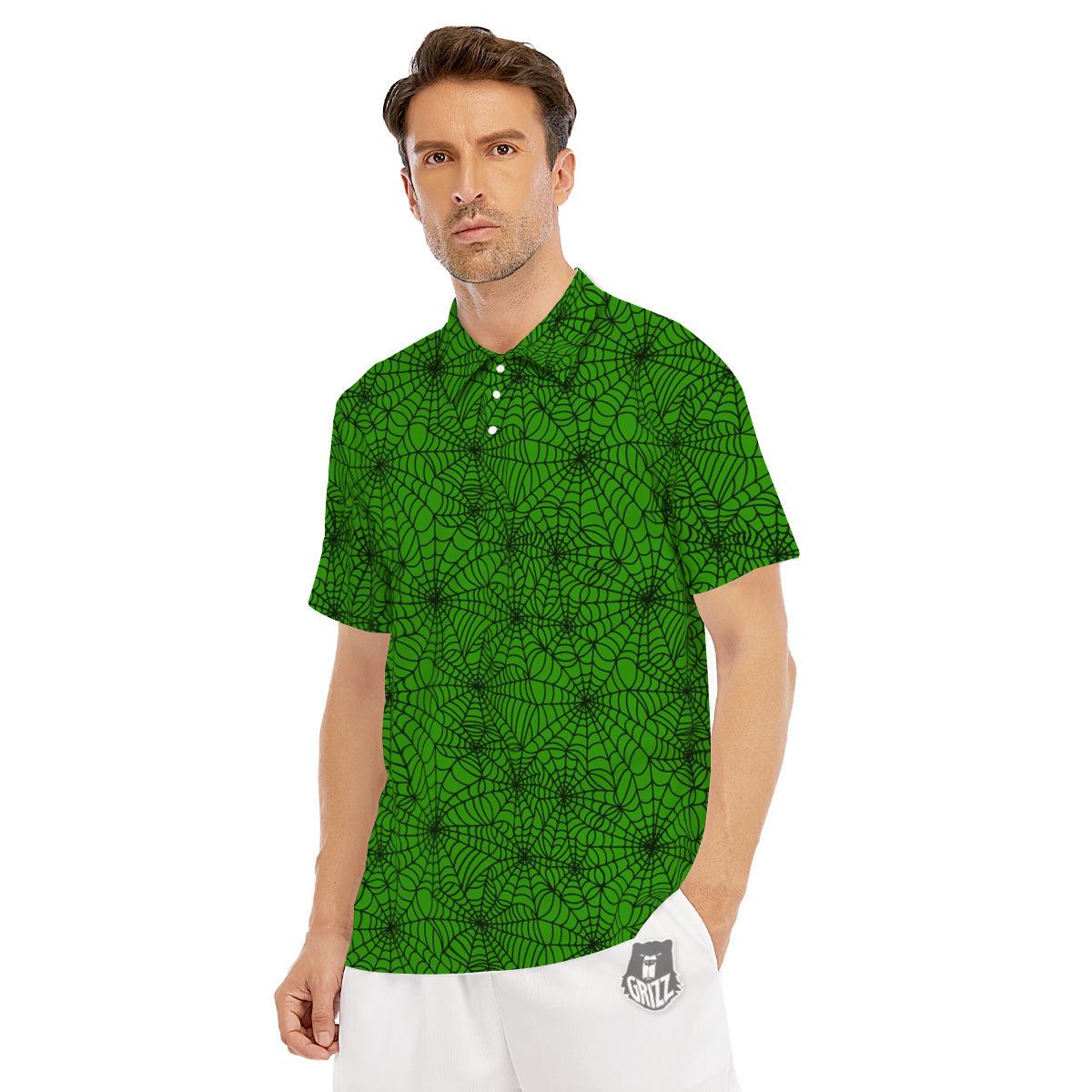 Spider Web Green And Black Print Pattern Men's Golf Shirts-grizzshop