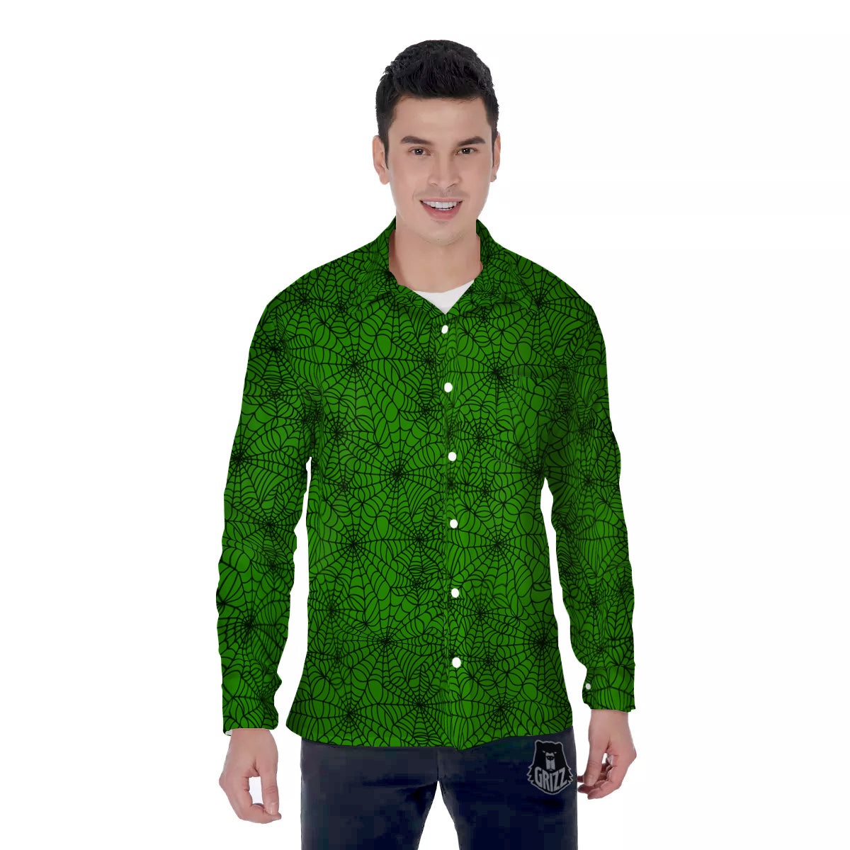 Spider Web Green And Black Print Pattern Men's Long Sleeve Shirts-grizzshop