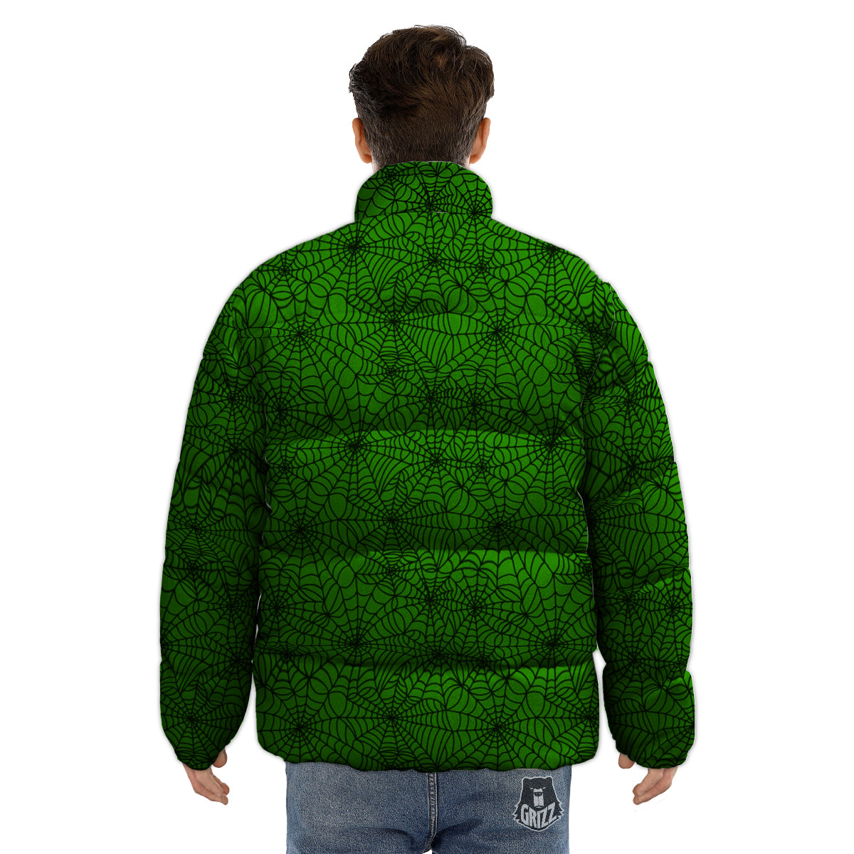 Spider Web Green And Black Print Pattern Puffer Jacket-grizzshop