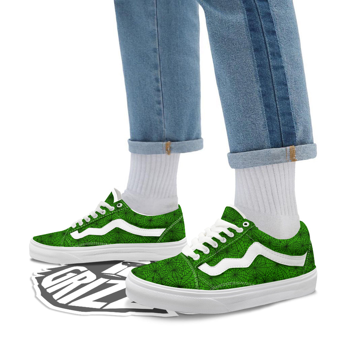 Spider Web Green And Black Print Pattern Skate Shoes-grizzshop