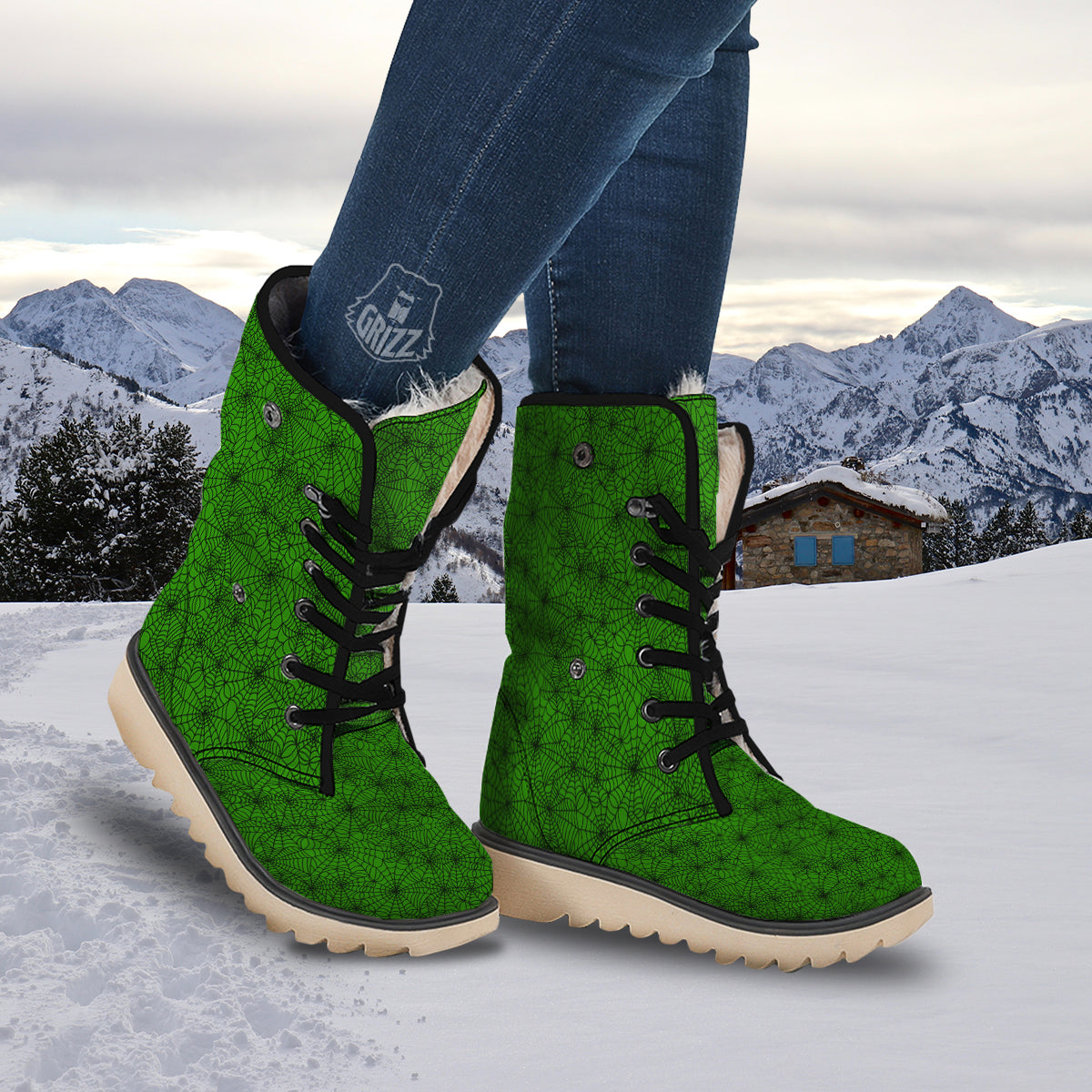 Spider Web Green And Black Print Pattern Snow Boots-grizzshop