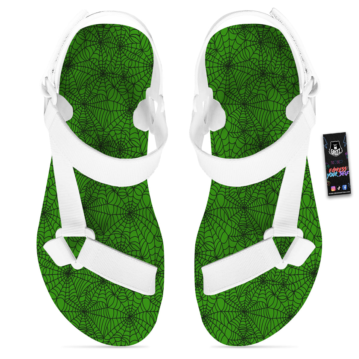 Spider Web Green And Black Print Pattern White Open Toe Sandals-grizzshop