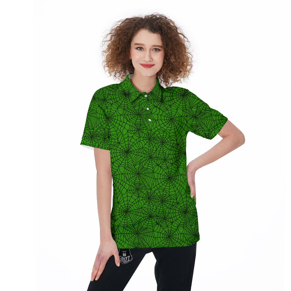 Spider Web Green And Black Print Pattern Women's Golf Shirts-grizzshop