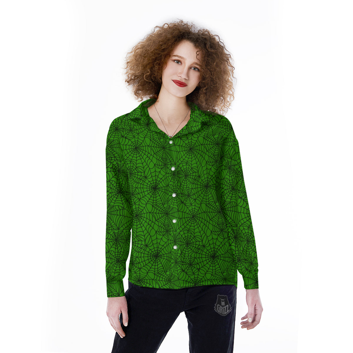 Spider Web Green And Black Print Pattern Women's Long Sleeve Shirts-grizzshop