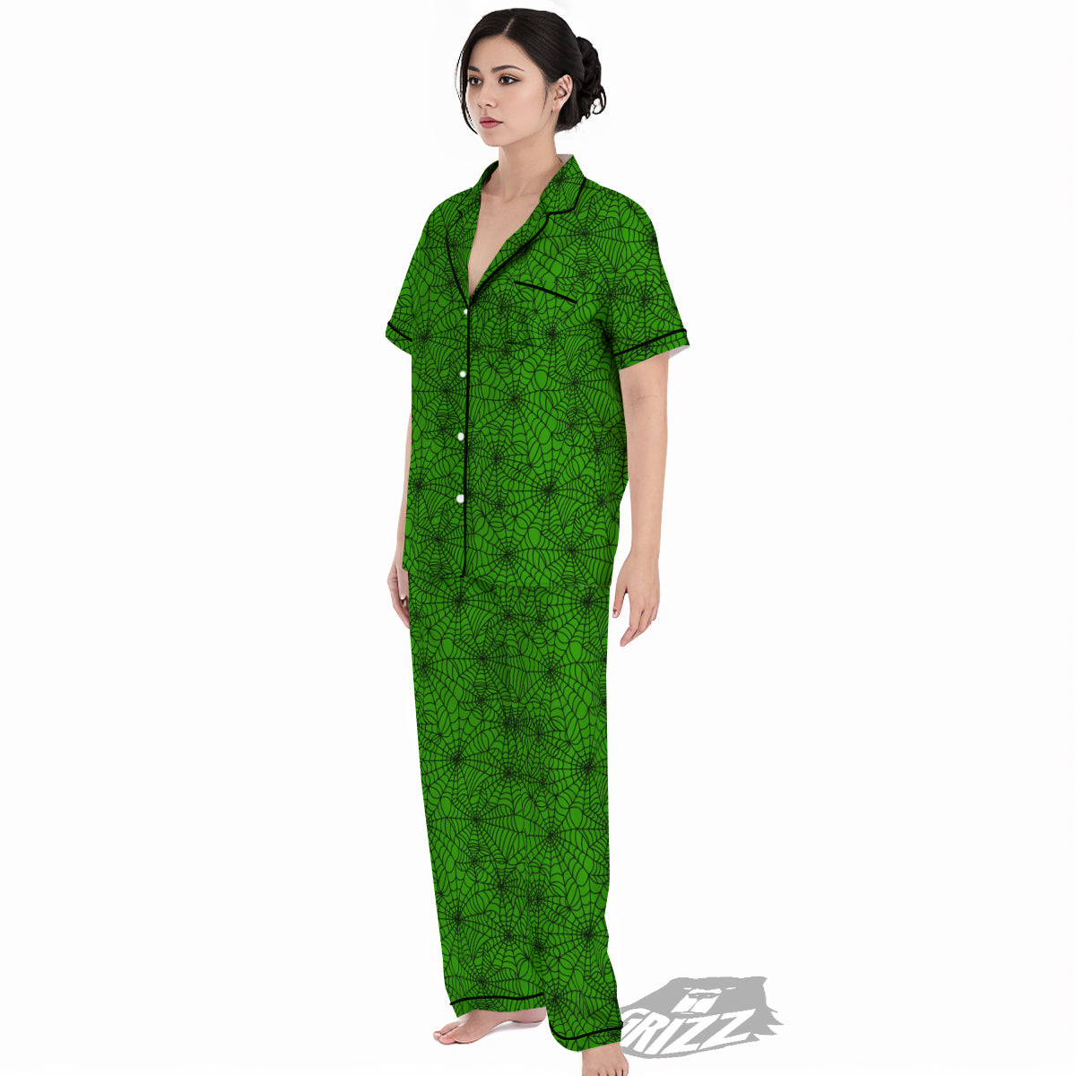 Spider Web Green And Black Print Pattern Women's Pajamas Set-grizzshop