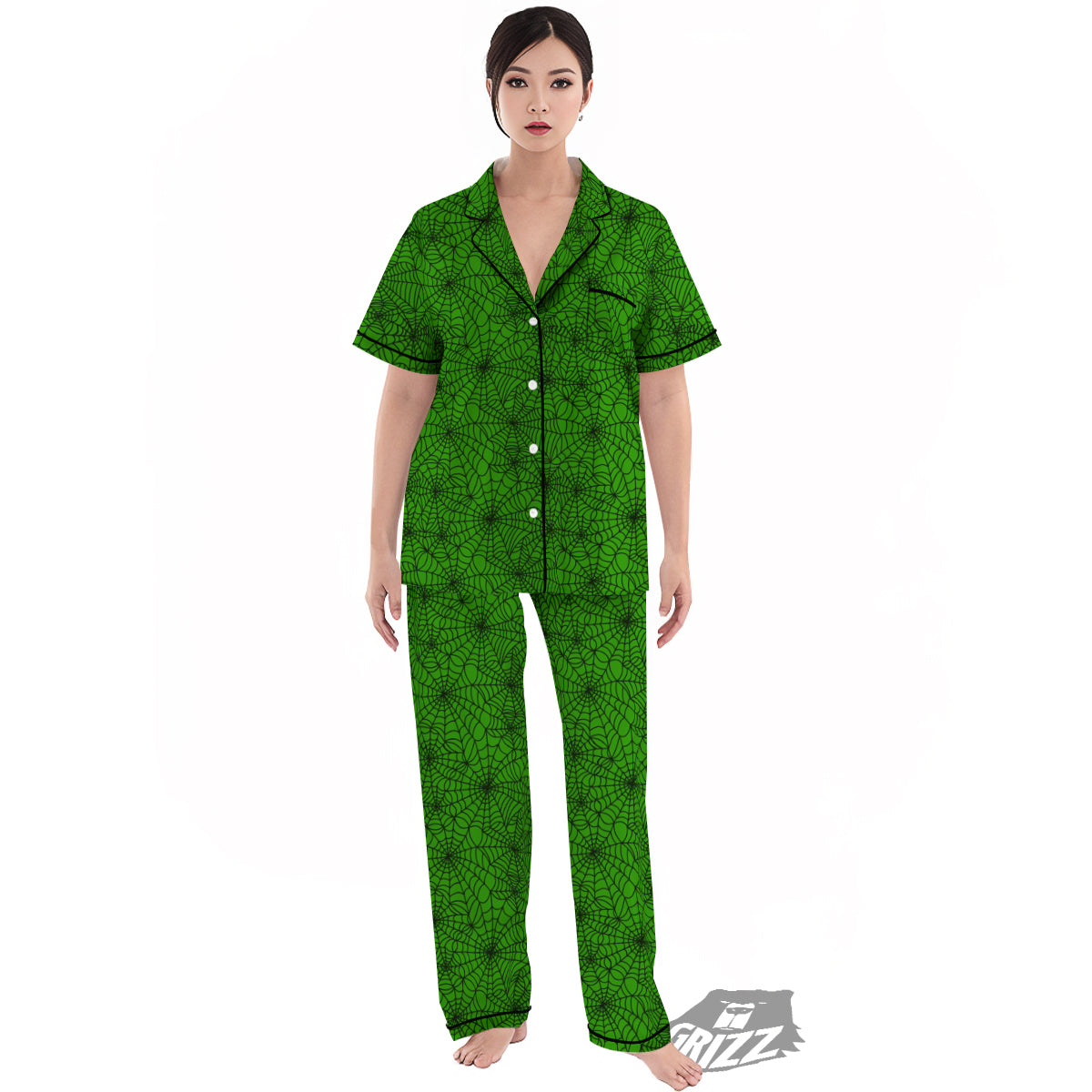 Spider Web Green And Black Print Pattern Women's Pajamas Set-grizzshop