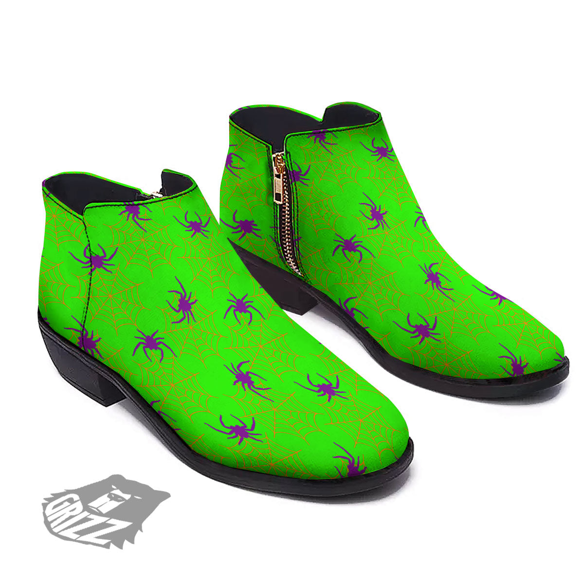 Spider Web Green And Purple Print Pattern Ankle Boots-grizzshop