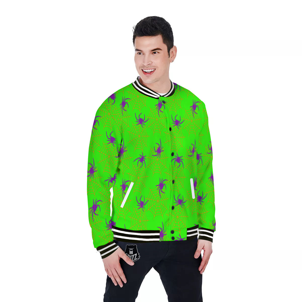 Spider Web Green And Purple Print Pattern Baseball Jacket-grizzshop