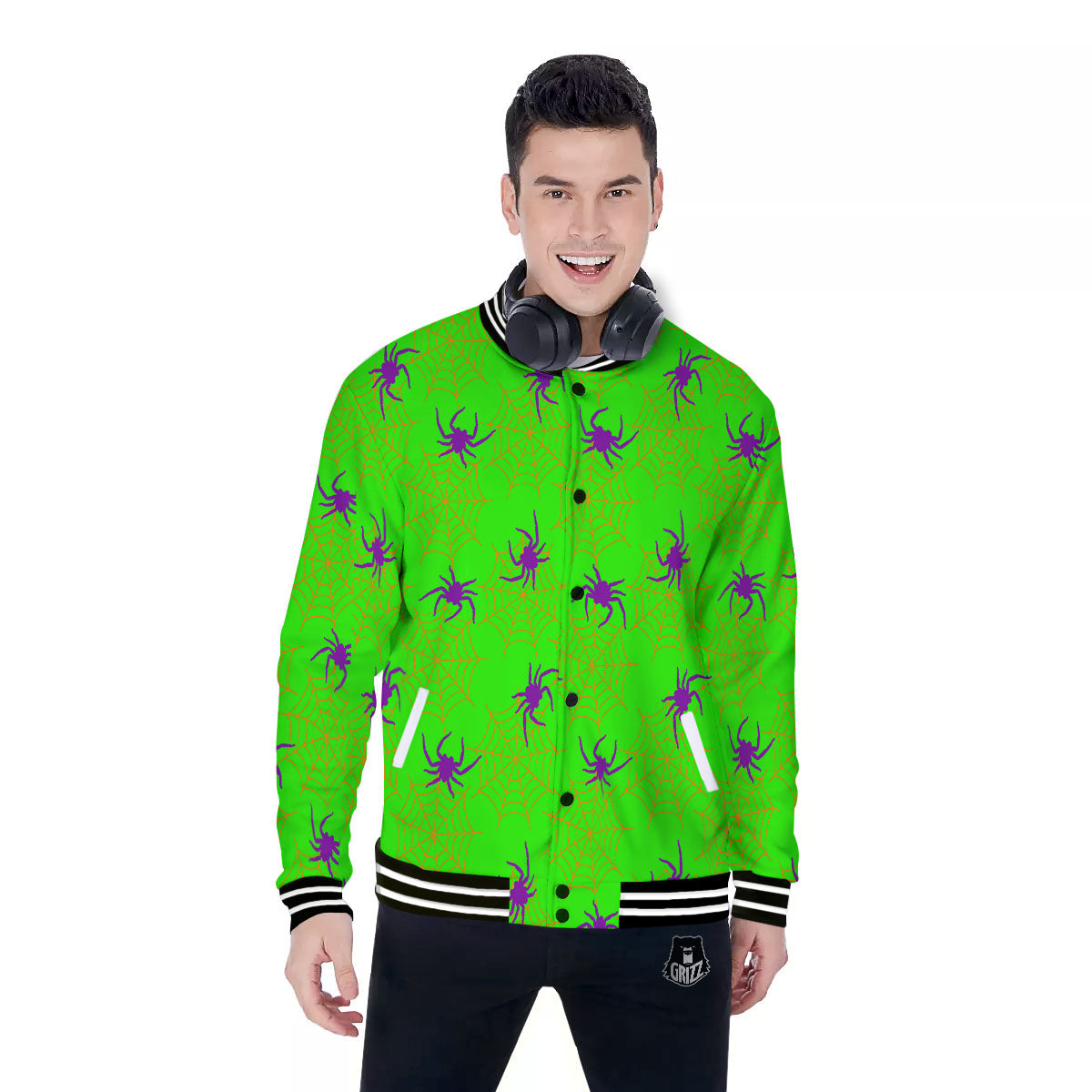Spider Web Green And Purple Print Pattern Baseball Jacket-grizzshop