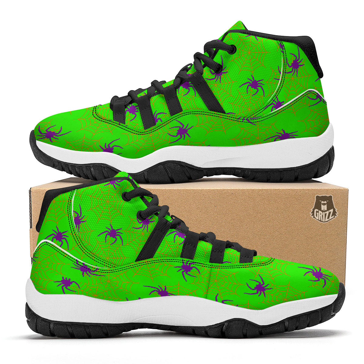 Spider Web Green And Purple Print Pattern Black Bball Shoes-grizzshop