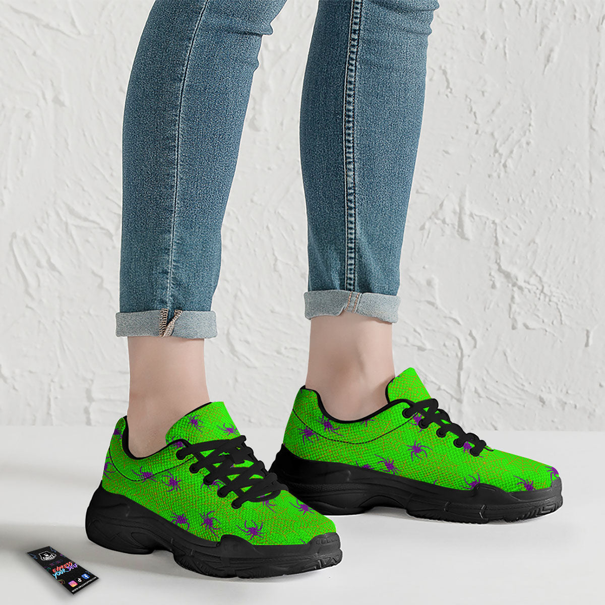 Spider Web Green And Purple Print Pattern Black Chunky Shoes-grizzshop